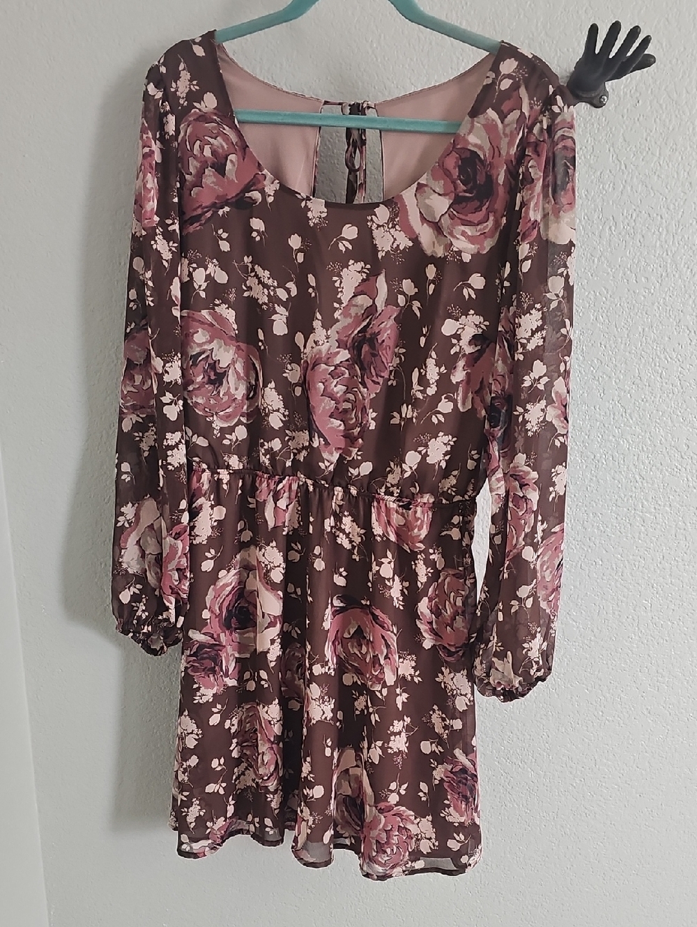 Charlotte Russe Brown Floral Long-Sleeve Scoop Neck Dress with Pink Blooms